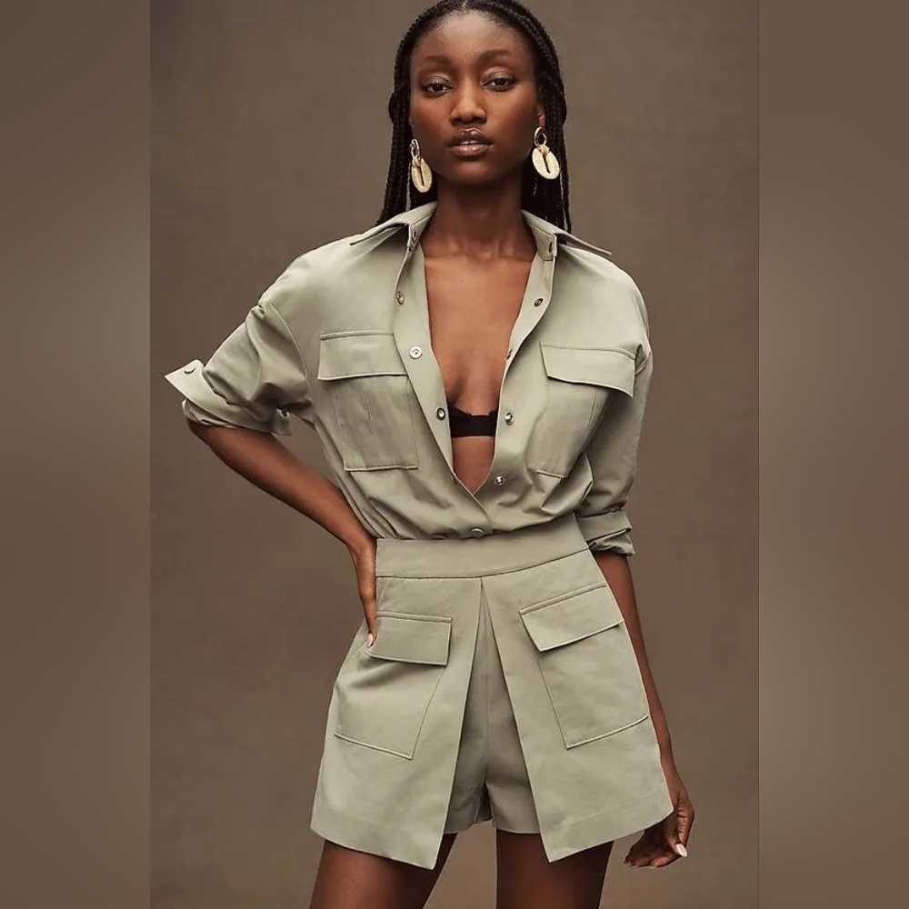 Anthro Mare Mare Olive Green Utility Romper